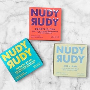 NUDY RUDY Australian Soap Set – 3 Bars (Berrylicious, Wasabi Pear, Milk Bar) ✨